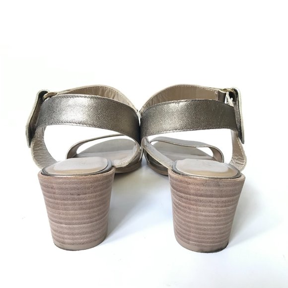Stuart Weitzman Sandals Womens 6.5 Metallic Pewter Gold Leather Open Toe Shoes - Picture 9 of 13